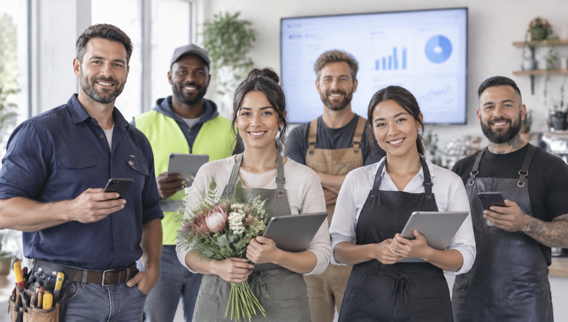 Small business owners and tradespeople standing together, calm and unhurried