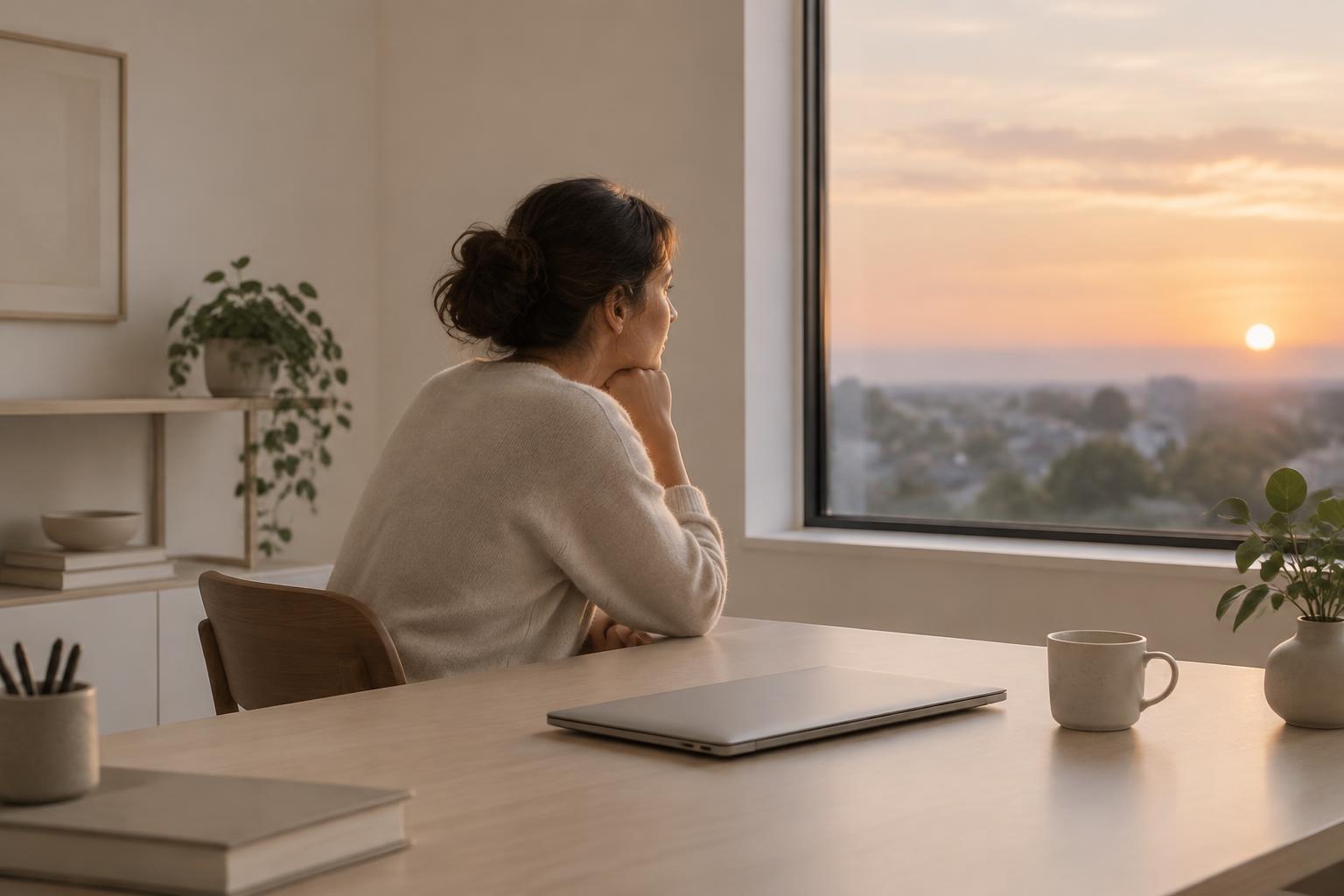 A business owner sitting quietly at the end of the day, laptop closed